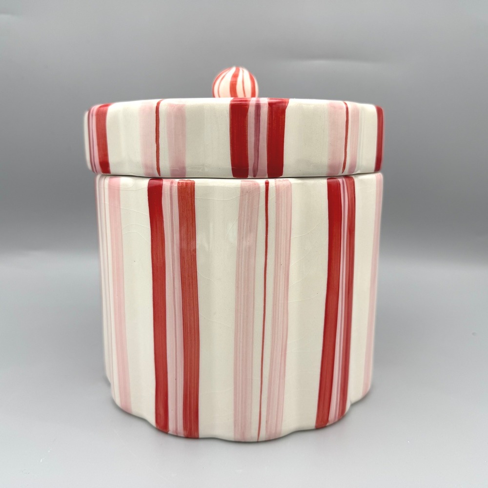 Jackson & Perkins Ceramic Canister Large Red Pink Striped Peppermint Lid